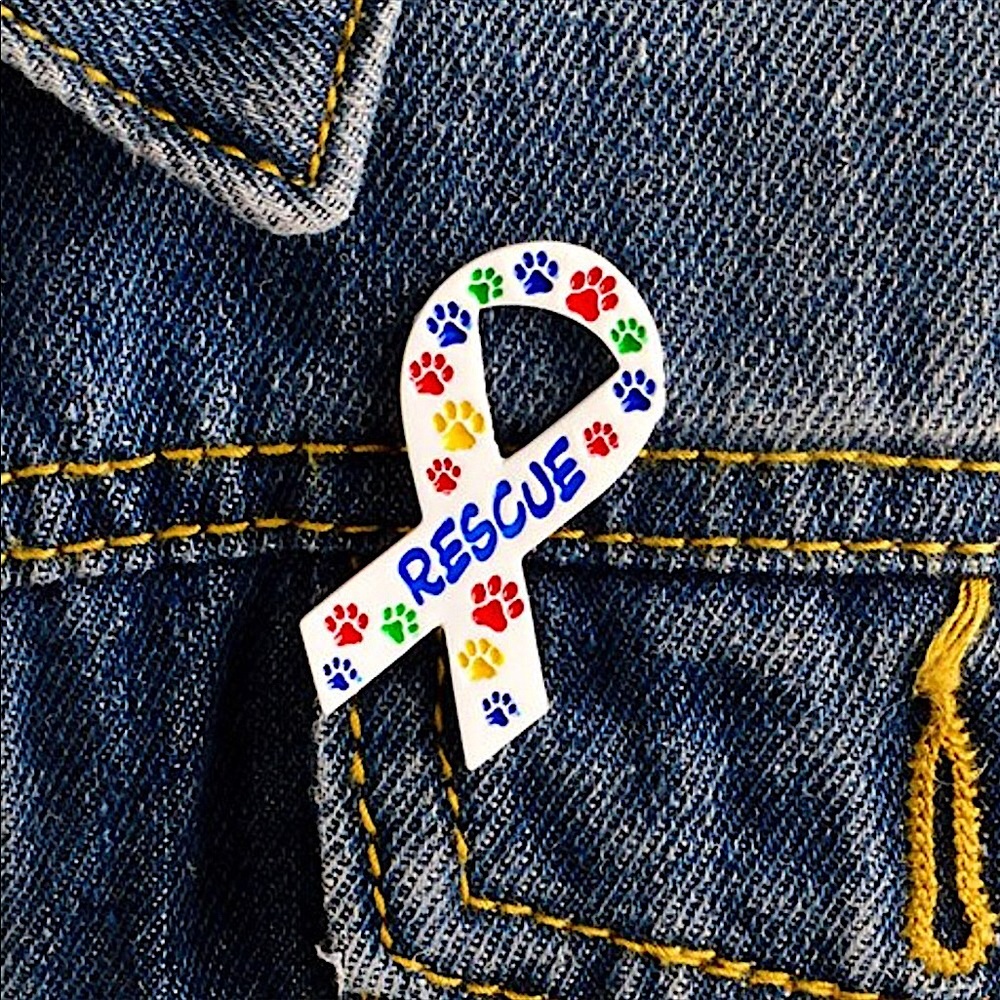 “RESCUE” Pet Dog Cat Enamel Pins shaped like a ribbon with colorful  paw prints!